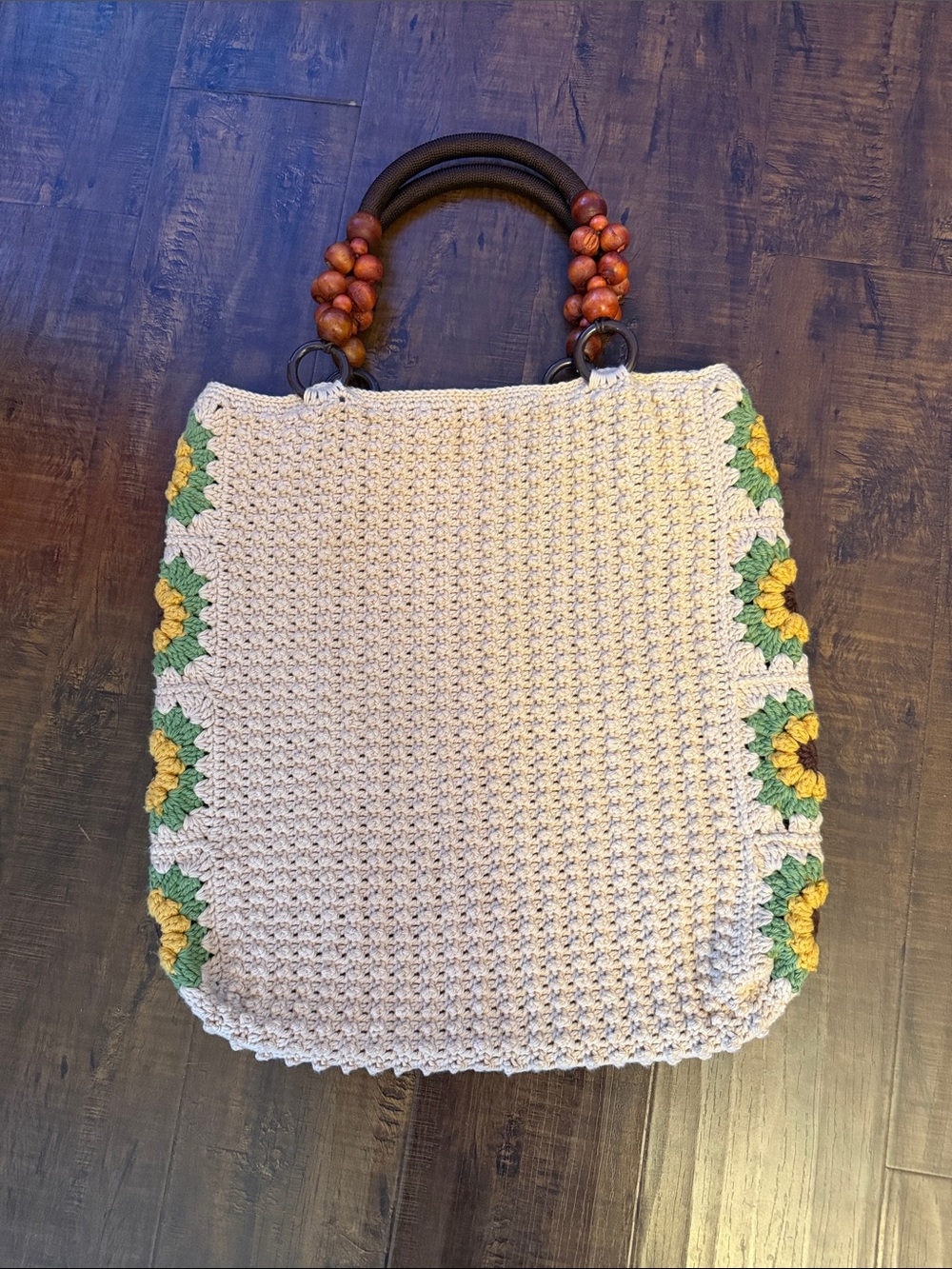 Cream Crochet Tote with Green and Yellow Sunflower Trim